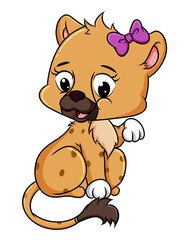 The cute lioness is waving hand and smiling