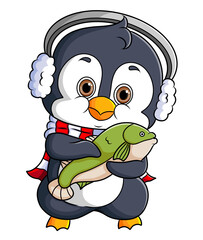 The cute penguin is happy and holding a fish
