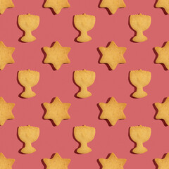 Seamless pattern with Hanukkah cookies on dark pink background.