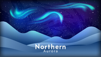 Dark view northern aurora and mountains. Bright lights, stars in the sky. Vector illustration. Vector panoramic. Color lights at night landscape.  © Goldenboy_14