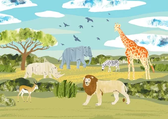  Africa. Savanna landscape with animals. Nature hand draw vector Illustration with elephant, gazella, rhino, giraffe, zebra, lion, birds, tree and bushes. Set for touristic, safari, zoo and book © GaliChe
