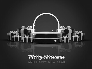 Merry christmas and happy new year with 3d empty podium and christmas ornaments background