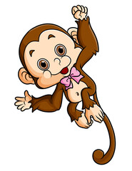 The cute monkey is hanging and hand waving