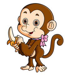 The little monkey is peeling a banana on its hand