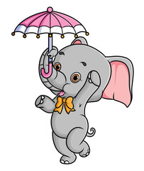 The cheerful elephant is holding an umbrella with trunk