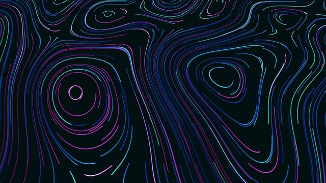 Topographic map of neon lines. Motion. Slowly moving colored lines in stream creating ornament with curved ovals. Topographic retro ornament with neon lines in stream