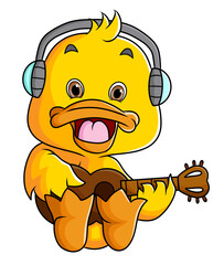 The cool duck is playing guitar while sitting