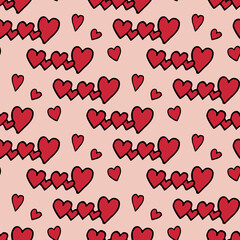 Seamless pattern with red hearts on warm pink background. Vector image.