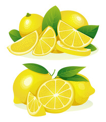 Set of fresh lemon whole, half and cut slice with leaves illustration isolated on white background