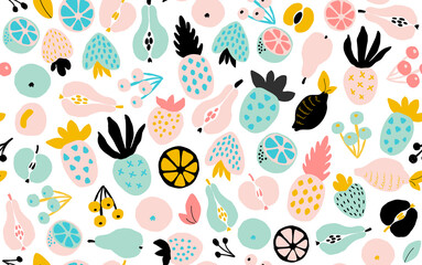 Abstract fruit seamless pattern. Modern cutout figures tropical illustration. Collage contemporary print with hand drawn fruits, berries. Graphic pattern apples, strawberry, peach, pear and pineapple.