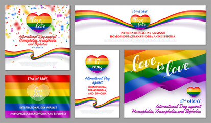 17 st of May International event festive banners set. Holiday against Homophobia, Transphobia and Biphobia card, poster with text inscription and rainbow heart shaped flag vector illustration - obrazy, fototapety, plakaty