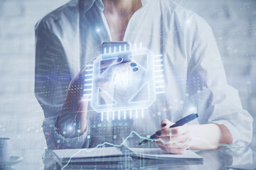 Double exposure of technology sketch hologram and woman holding and using a mobile device. Ai...