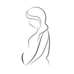 Pregnant woman in profile, Black linear drawing on a white background.