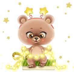 Cute teddy bear in a hoop with stars sits on a box with a gift and holds a garland with shining light bulbs isolated on a white background