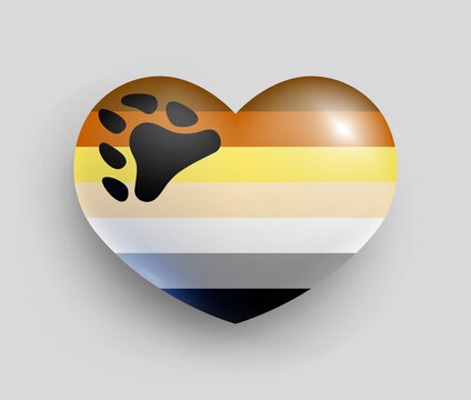 Bear brotherhood flag of heart shape glossy badge. Official flagl of Lgbt community, symbol of gay bear subculture realistic vector illustration. Pride, freedom, rights, love, equality 3d button