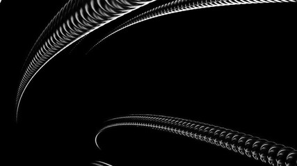 Twisted metal silver tube on a black background. Design. Metal tangle is unraveling and disappearing.