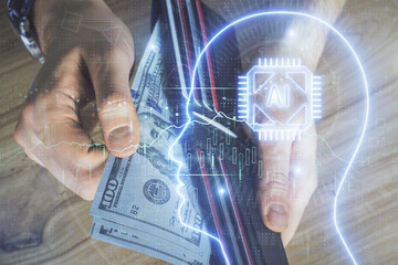 Plakat Multi exposure of brain drawing hologram and us dollars bills and man hands. Ai invest concept