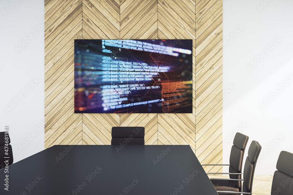 Poster abstract programming language hologram on presentation monitor in a modern boardroom, artificial int