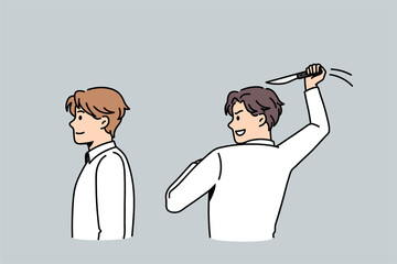 Betrayal and foul play concept. One man friend trying to kill another one with knife to back standing backwards making betrayal vector illustration 