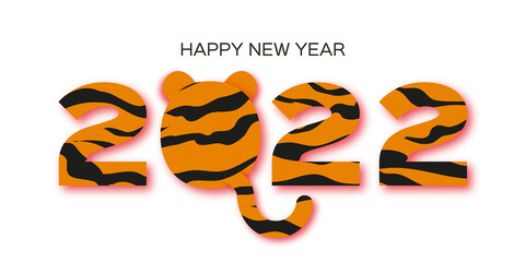 Tiger New Year. Cute Animal paper cut style. Chinese zodiac, Chinese calendar. Winter holidays. Happy New Greeting Card 2022. Wild Animal. Big cat. Christmas season