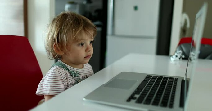 Little boy staring at laptop screen watching media. Baby child watches cartoon
