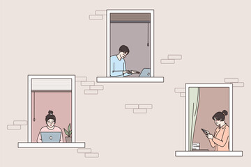 Diverse people freelancers in building windows work online on computer at smartphone from home. Men and women freelance busy with gadgets. Distant remote job or education. Vector illustration. 