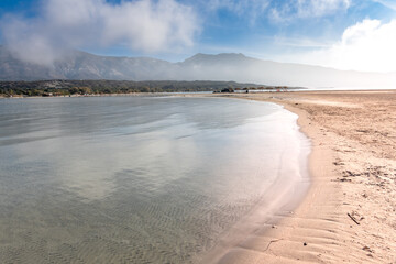 The gorgeous pink sand beaches of Elafonisi island on the southwest tip of Crete, Chania region, Greece.