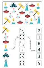 Math educational game for kids. Math worksheet for children with colorful insects, butterflies, beetles, flowers. Vector, cartoon style.