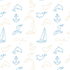 Seamless sea pattern with yachts, seagulls, dolphins and anchors.