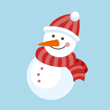 Snowman. Cartoon snowman. Vector clipart on isolated blue background.