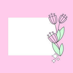 White frame with pink flowers. Blank white card for text. banner, advertisement