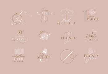 Sewing and knitting labels with lettering drawing in a classic sophisticated style peach color