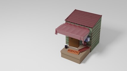 3d rendering, Small fishing house, with a red roof and green paint, a small shop, 3d render
