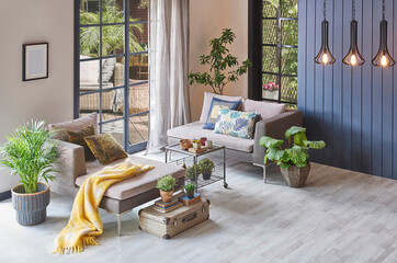 Modern room sofa and empty parquet floor for carpet design, home background, lamp frame, garden view outdoor house concept interior style.
