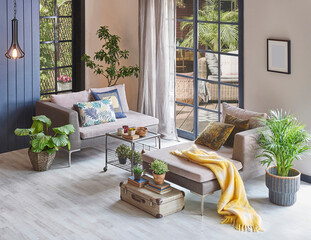 Modern room sofa and empty parquet floor for carpet design, home background, lamp frame, garden view outdoor house concept interior style.