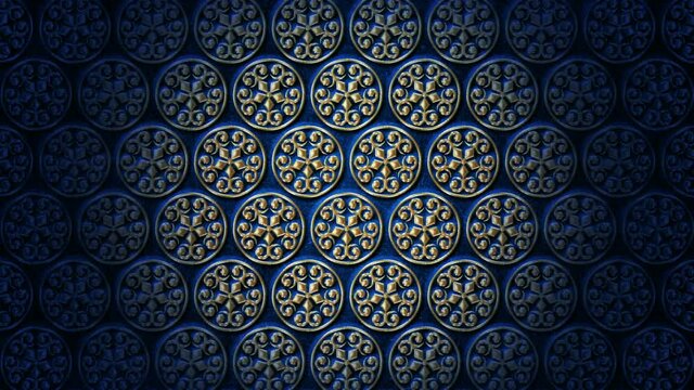 Gold round ornament. Tile from patterns in extrusion. Shine and transfusion of light.