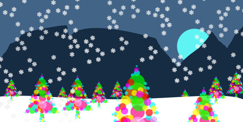 Gorgeous winter night scenery. Fantasy. MERRY CHRISTMAS. 3D illustration. The nativity ornament on a pine tree of transparent blurred bright lights. SNOWFLAKES. Amiable ABSTRACT GEOMETRIC SHAPES. 