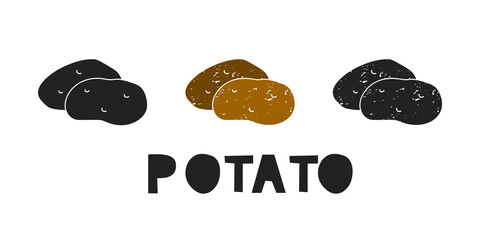 Potato, silhouette icons set with lettering. Imitation of stamp, print with scuffs. Simple black shape and color vector illustration. Hand drawn isolated elements on white background