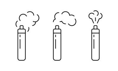 Electronic cigarette, linear icons set. Cylindrical vape with different shapes of smoke. Outline simple vector of smoking device. Contour isolated pictogram on white background - 474684558