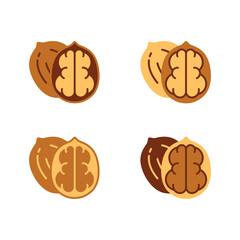 Walnut, color icons set. Cartoon vector collection of whole nut in shell. Flat isolated pictogram on white background
