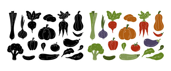Vegetables set. Color and black silhouette elements on white background. Hand drawn isolated illustration of onion, carrot, pumpkin, broccoli, eggplant, beet, pepper, tomato, lettuce for food design - 474684568
