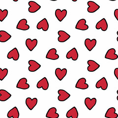 Seamless pattern with cozy red hearts on white background. Vector image.