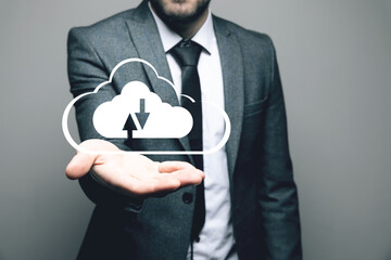 cloud storage. worldwide concept of networked storage. man holding open palms