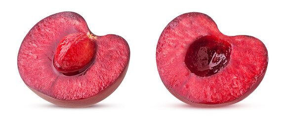 Sweet cherry berry cut in half without and with bone