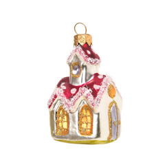 Vintage glass toy for decoration of Christmas tree. Fairy house with red roof in snow. Closeup, isolated on white background for your design.