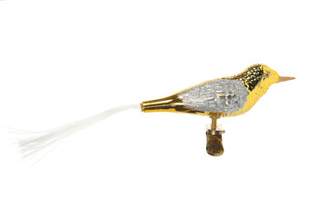 Gold bird. Vintage glass toy for decoration of Christmas tree. Closeup macro isolated on white...