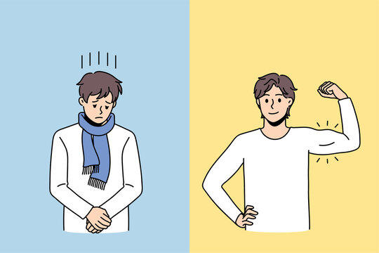 Illness or healthy stay concept. Sad depressed sick ill man having fever standing opposite healthy positive showing biceps young boy vector illustration