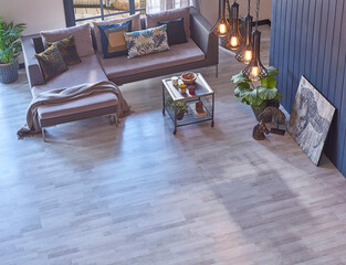 Grey sofa up shooting view, carpet parquet design middle table and vase of plant style.