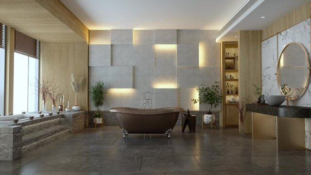 Elegant Modern Bathroom Interior With Marble Flooring, Brown Bathtub and Sink On Countertop