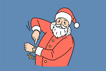 Christmas and New year holidays concept. Smiling Santa Claus in traditional red costume and cap standing and pointing in hand watch meaning new year coming vector illustration 